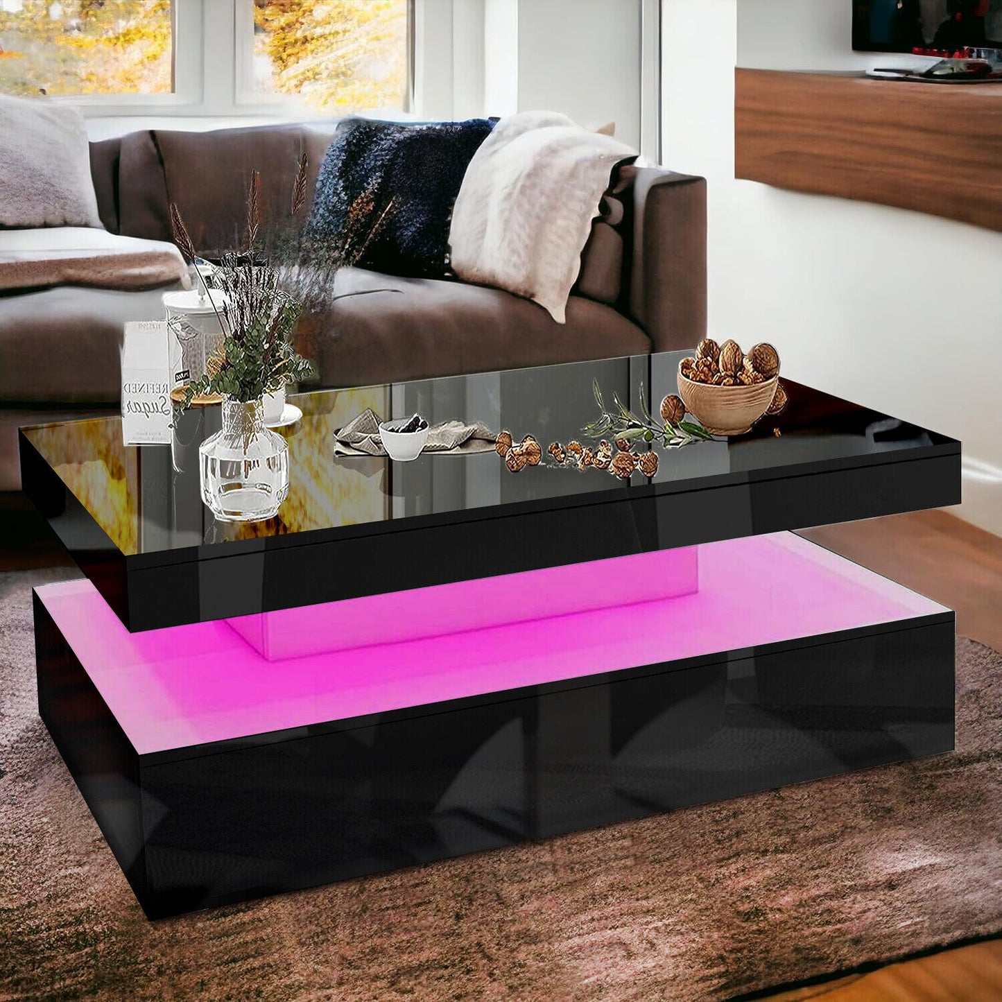 High Gloss LED Coffee Table with Storage Wooden 2 Drawer Living Room Furniture