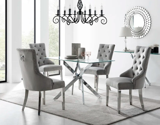 Lenworth Chrome and Glass Rectangular Dining Table Set with 4 Luxury Button Velvet Chairs