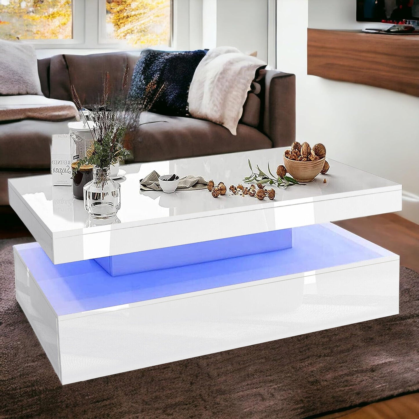 High Gloss LED Coffee Table with Storage Wooden 2 Drawer Living Room Furniture