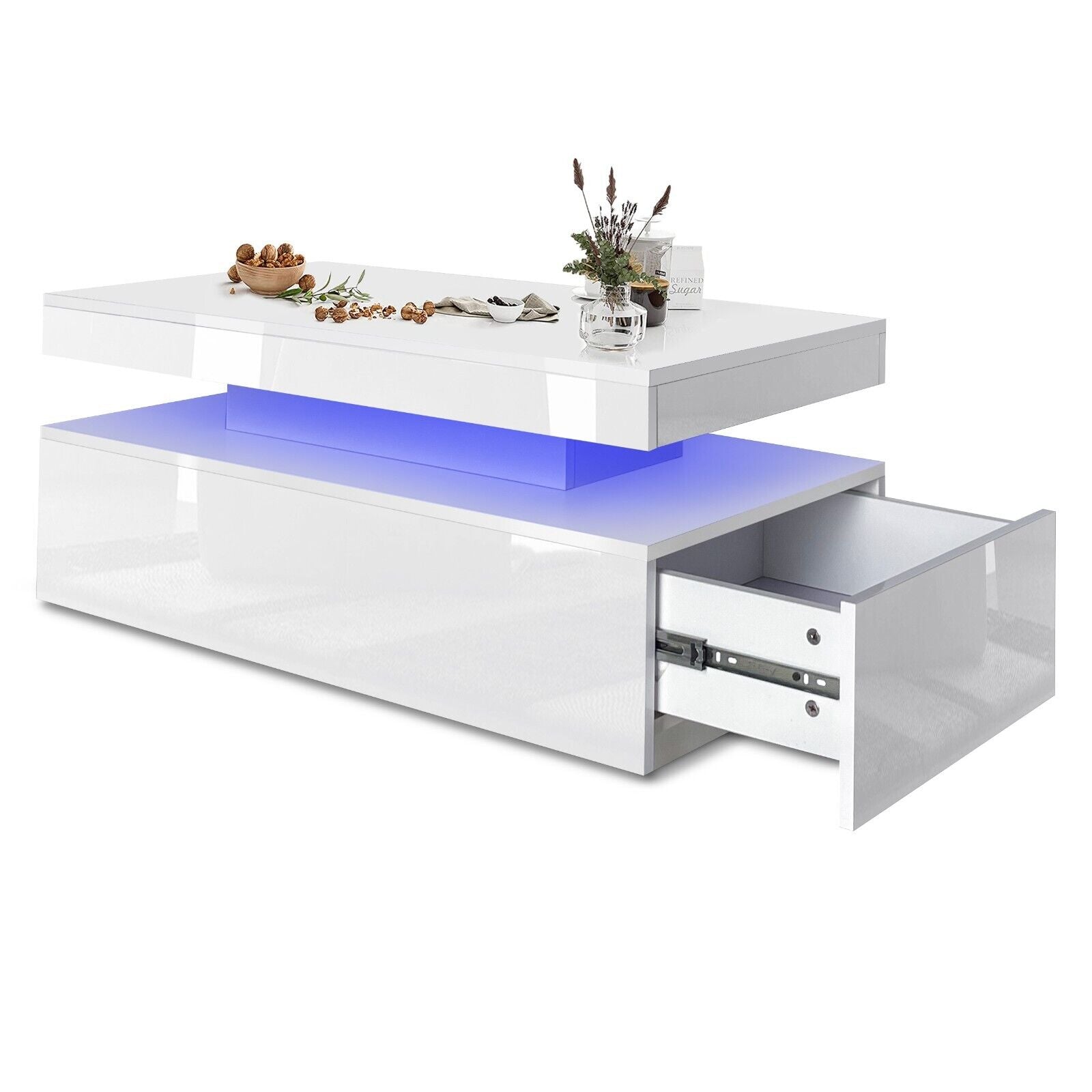 High Gloss LED Coffee Table with Storage Wooden 2 Drawer Living Room Furniture