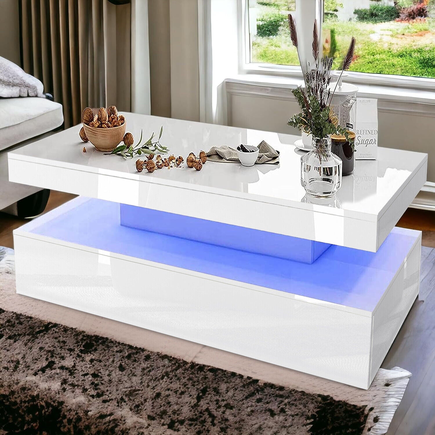 High Gloss LED Coffee Table with Storage Wooden 2 Drawer Living Room Furniture