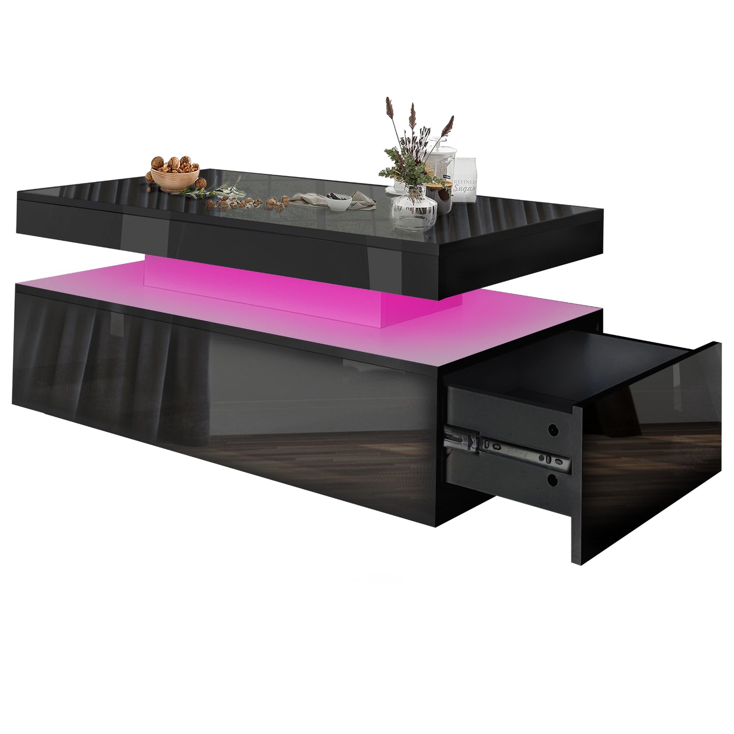 High Gloss LED Coffee Table with Storage Wooden 2 Drawer Living Room Furniture