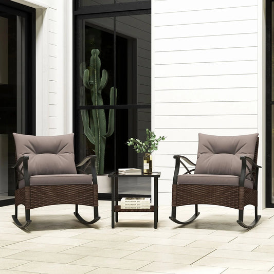 3 Piece Patio Rocker Set with Coffee Table and Cushions