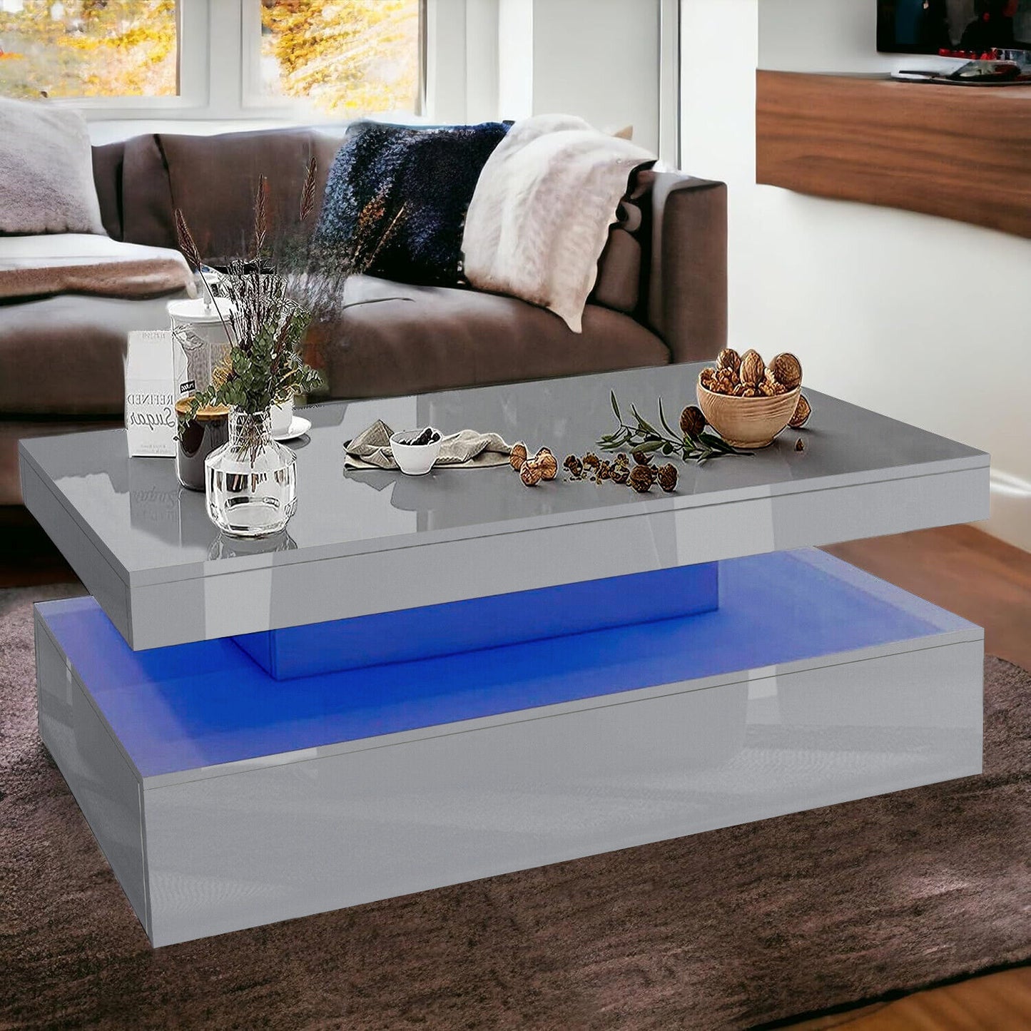 High Gloss LED Coffee Table with Storage Wooden 2 Drawer Living Room Furniture