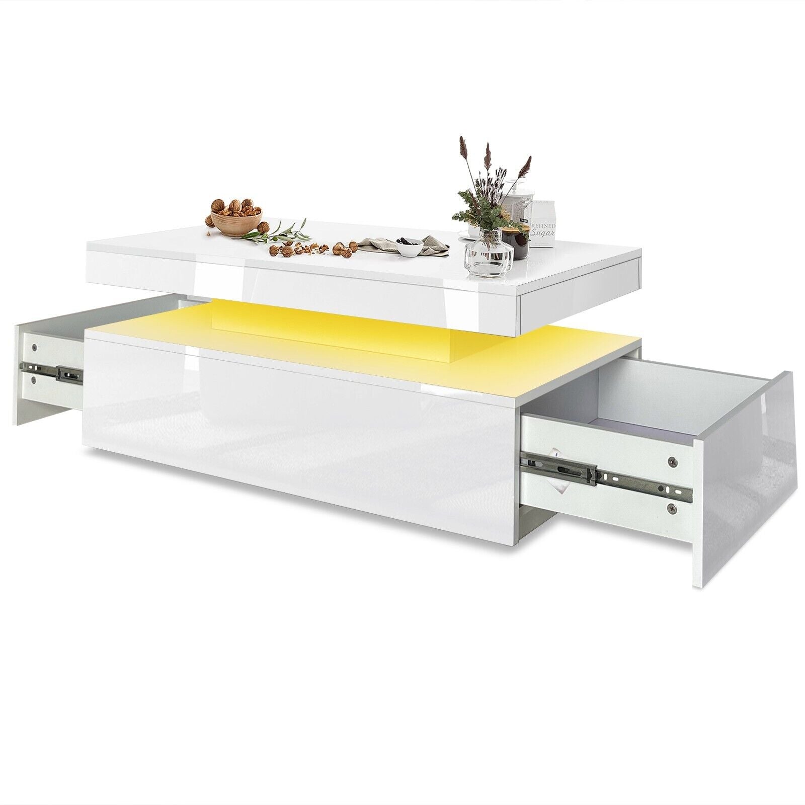 High Gloss LED Coffee Table with Storage Wooden 2 Drawer Living Room Furniture