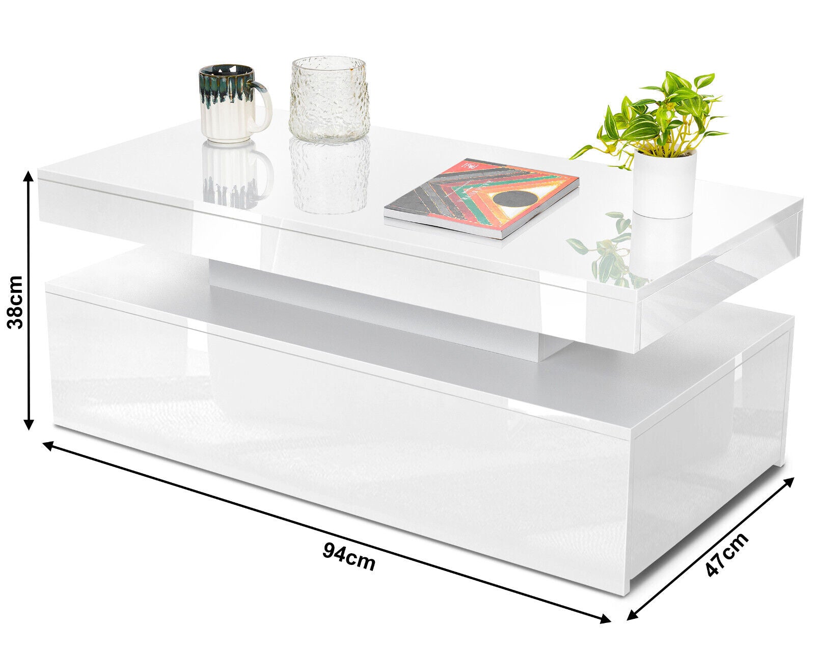 High Gloss LED Coffee Table with Storage Wooden 2 Drawer Living Room Furniture