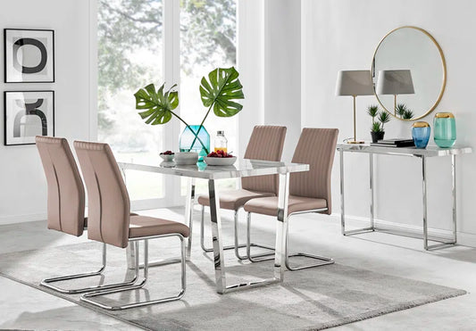 Kylooe Modern Marble Effect & Silver Metal Dining Table Set with 4 Upholstered Faux Leather Chairs