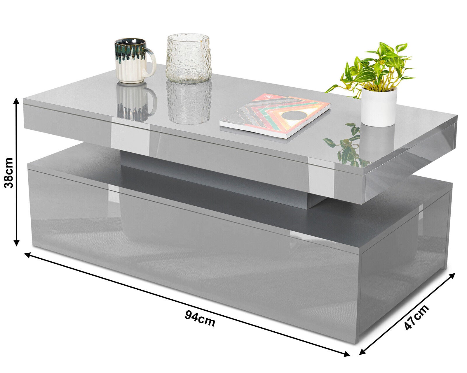 High Gloss LED Coffee Table with Storage Wooden 2 Drawer Living Room Furniture