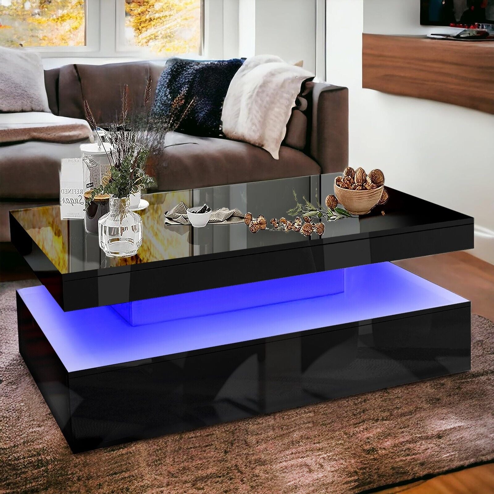 High Gloss LED Coffee Table with Storage Wooden 2 Drawer Living Room Furniture