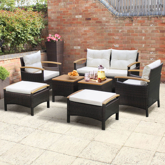 7 Piece Patio Rattan Sofa Set Outdoor with Cushions and Ottomans